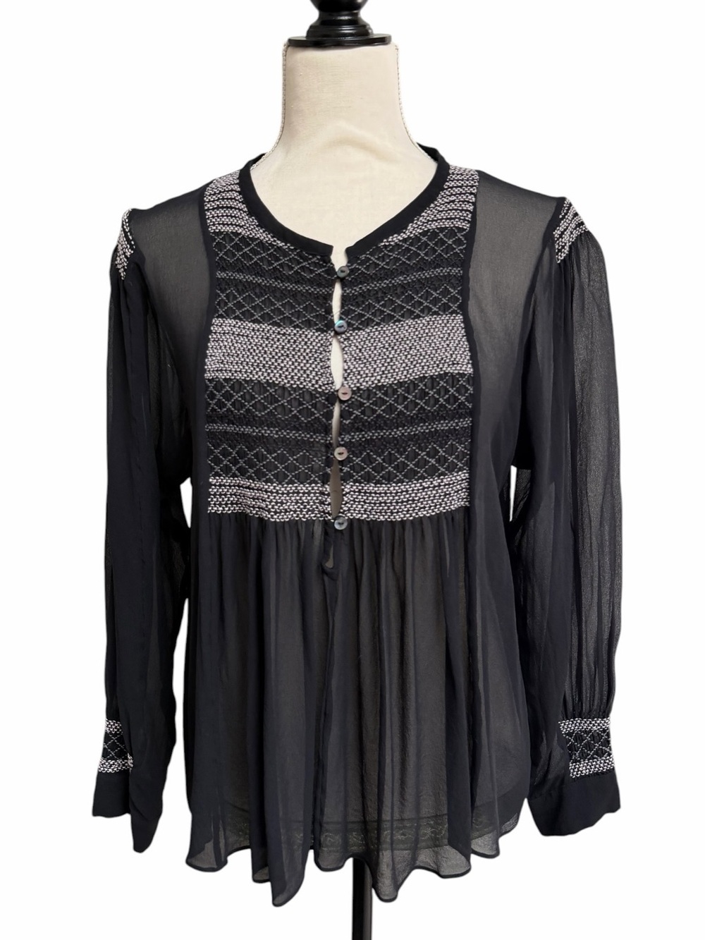 Calypso St. Barth Erelessa Silk Embroidered Boho Blouse Black Small